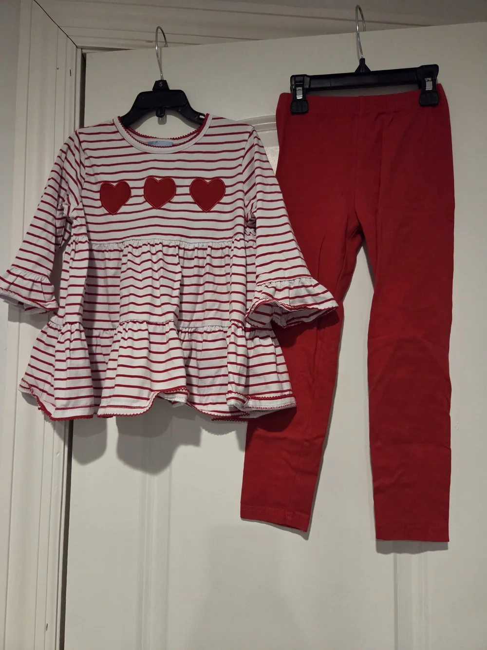 Girls Red & White Heart Stripe Top with Red Leggings - Classic Whimsy